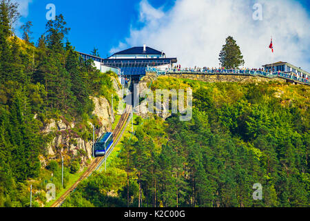 Carriage of the Funicular Railway in Bergen, Norway, climbing Mount Floyen. Stock Photo