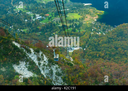 Cable car from Lake Bohinj to a height of 1537 m, Triglav National Park, Julian Alps, Slovenia, October 2014. Stock Photo