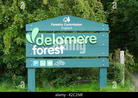 Wooden sign at the entrance to Delamere Forest in Cheshire, England showing the name of the forest, Forestry Commission England and Go Ape Stock Photo