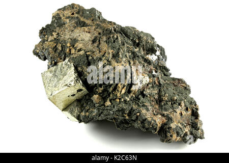 pyrite cubic crystals on bedrock from Norway isolated on white background Stock Photo