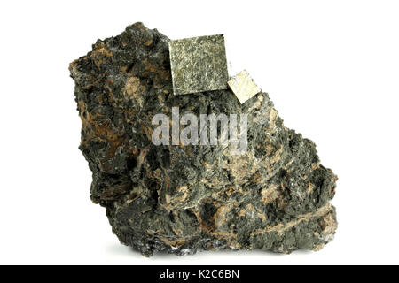 pyrite cubic crystals on bedrock from Norway isolated on white background Stock Photo