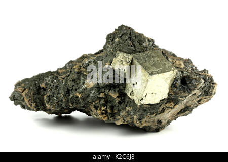 pyrite cubic crystals on bedrock from Norway isolated on white background Stock Photo