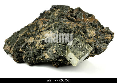 pyrite cubic crystals on bedrock from Norway isolated on white background Stock Photo