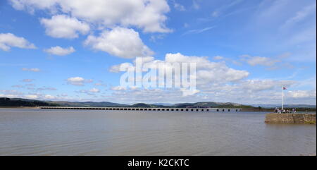 Pacer Diesel train crosses the viaduct over the River Kent at Arnside. Stock Photo