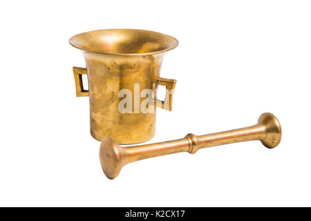 Antic gold old vintage scratched shabby shiny engraved oriental indian eastern metal vase with square holders with steel mortar on isolated white back Stock Photo