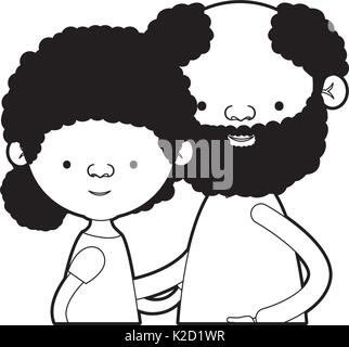caricature half body couple elderly of grandmother with curly hair with grandfather with beard in black silhouette sections Stock Vector