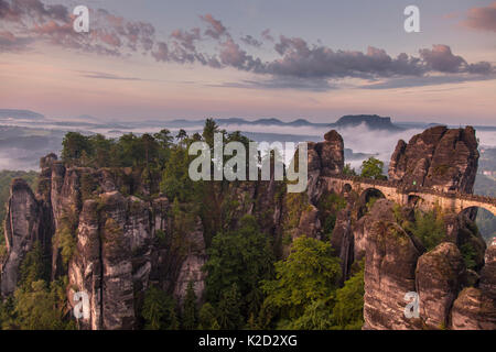 Bastei bridge between sandstone formations, Sachsische Schweiz / Saxon Switzerland National Park, Germany, June 2010 Stock Photo