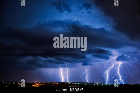 Lightning storm over city at night, Pretoria, South Africa December 2013 Stock Photo