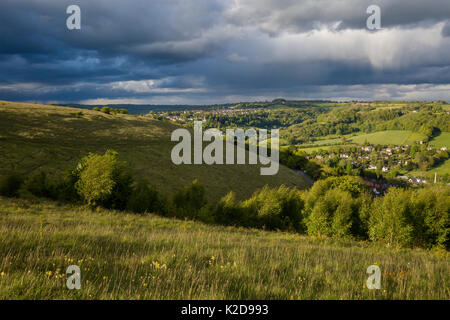 View toward Stroud from unimproved grassland on Minchinhampton Common, Gloucestershire, UK. May 2015. Stock Photo