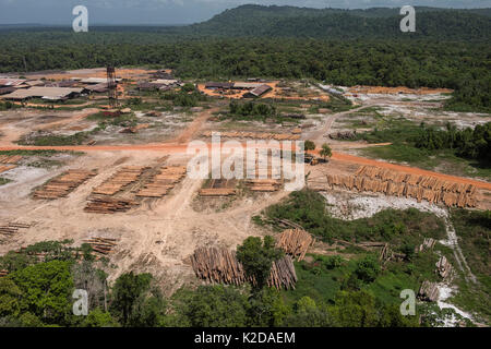 Aerial view of Logging camp in the middle of rainforest, Rupununi, Guyana, South America Stock Photo