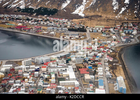 Aerial view of Isafjordur, Westfjords, Iceland. April Stock Photo