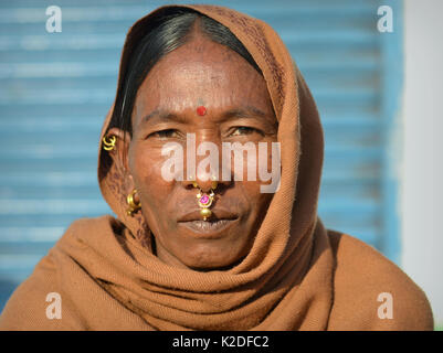 Elderly Indian Adivasi woman (Desia Kondh tribe, Kuvi Kondh tribe) with gold-and-gemstone nose jewellery and golden earrings poses for the camera. Stock Photo