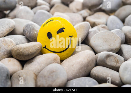 Smiley face made of stone, painted yellow, winking, lies in between stones Stock Photo