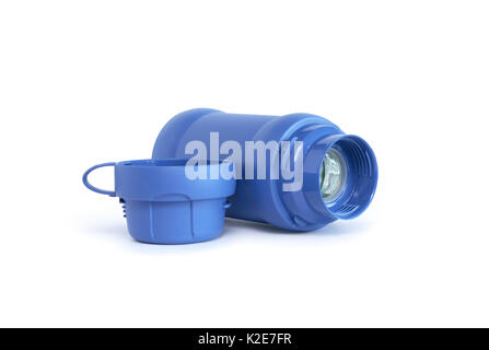 Open modern blue thermos on white background. Clipping path is included Stock Photo