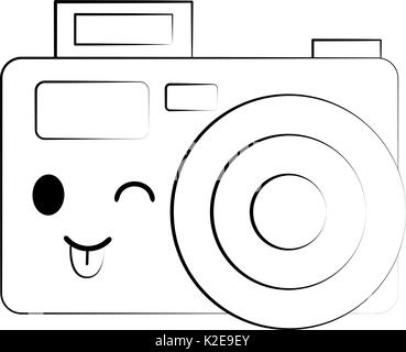 flat line uncolored kawaii camera over white background vector  ilustration Stock Vector