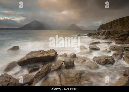 Stormy weather over Cuillin Mountains from Elgol beach, Isle of Skye, Scotland, UK, October 2013. Stock Photo