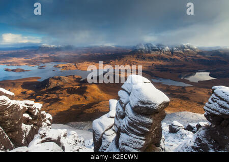 View from Stac Pollaidh towards Cul Mor and Suilven, Coigach, Highlands, Scotland, UK, November 2013. Stock Photo