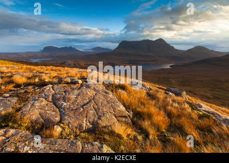 View from Stac Pollaidh towards Cul Mor and Suilven, Coigach and Assynt, Highlands, Scotland, UK, October 2013. Stock Photo