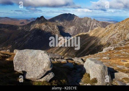 Cir Mhor and Casteal Abhair from North Goatfell, Goatfell Range, Isle of Arran, Scotland, UK, October 2013. Stock Photo