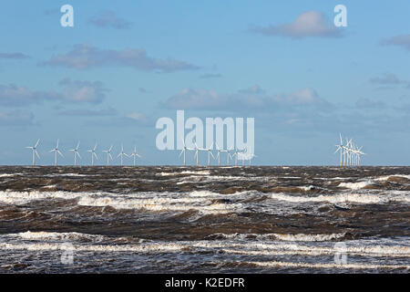 Burbo Bank windfarm  in Liverpool Bay viewed from New Brighton shore, Merseyside, UK, January. Stock Photo