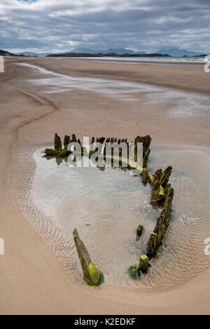 Wreck of the Brig Athena exposed at low tide  on Malltraeth beach, Anglesey, North Wales, with Llanddwyn Island and Snowdonia in the background, UK August 2016. Stock Photo