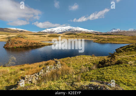 Mount Snowdon (Yr Wyddfa) viewed from the west over Llyn Dywarchen just off the B4418 road, Snowdonia, North Wales, UK, March. Stock Photo