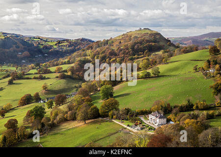 View west from the Panorama walk on the Offa's Dyke path on Ruabon Mountain showing the ruins of Castell Dinas Bran on top of hill near LLangollen North Wales, UK, November 2016. Stock Photo