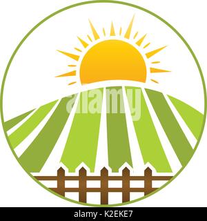 farm field with sun and farm fence within an outline of circle, farm logo, wide field logo, icon design, isolated on white background. Stock Vector