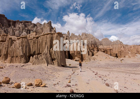 Person hiking between rock pinnacles, Ciudad del Encanto, Bolivia. December 2016. Stock Photo