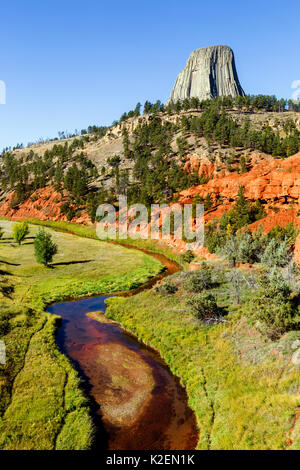 Devils Tower with the Red Beds and Belle Fourche River in Devils Tower National Monument, Wyoming, USA, September 2016. Stock Photo