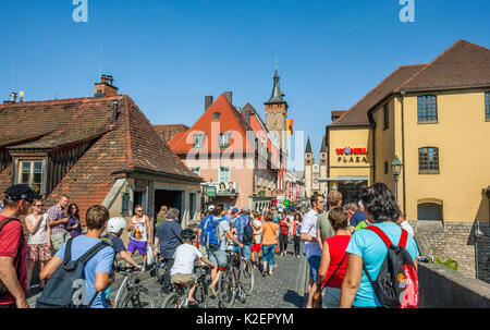 Germany, Lower Franconia, Bavaria, Würzburg, the Old Main Bridge is a popular attraction, exclusively for pedestrians and cyclists it is also a venue  Stock Photo