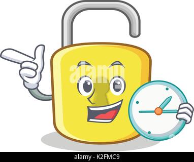 With clock yellow lock character mascot Stock Vector
