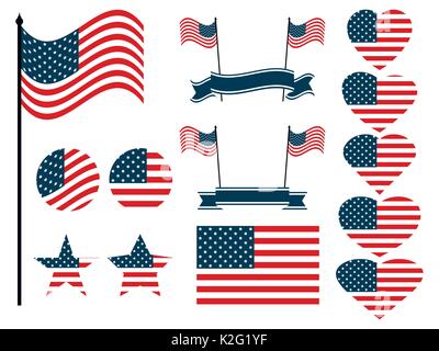 American flag set. Collection of symbols with the flag of the United States of America. Vector illustration Stock Vector