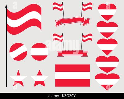 Austria flag set. Collection of symbols, flag in heart. Button and star. Vector illustration Stock Vector