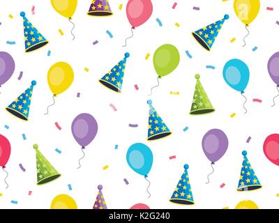 Seamless pattern with balloons and caps, confetti. A festive background of gift wrappers, wallpaper, fabrics. Vector illustration Stock Vector