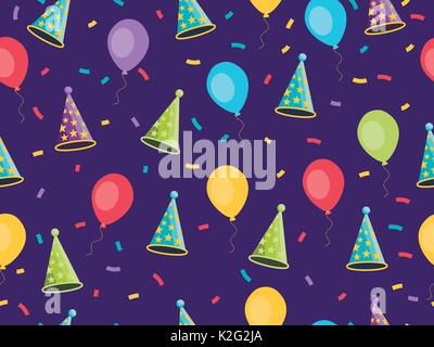 Seamless pattern with balloons and caps, confetti. Festive background of gift wrappers, wallpaper, fabrics. Vector illustration Stock Vector