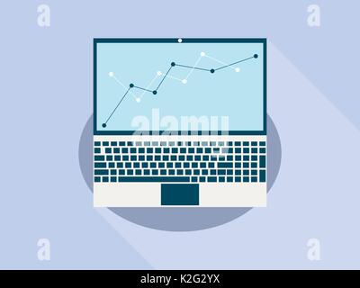Laptop flat with long shadow. Graph of indicators. Vector illustration Stock Vector