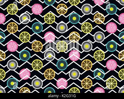 Seamless pattern with oranges, kiwi and lemon. Fruit on a background with zigzag lines. Vector illustration Stock Vector