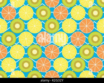 Seamless pattern with oranges, kiwi and lemon. Fruit on a background with zigzag lines. Vector illustration Stock Vector