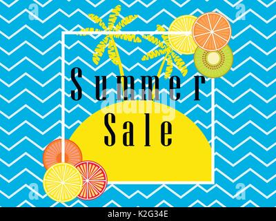 Summer Sale. Banner layout with fruits and palm trees in a frame. Vector illustration Stock Vector
