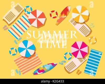 Summer time. Beach elements, umbrellas, shelves, coverlets, flip flops, surfboards, Vector illustration Stock Vector