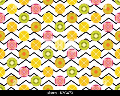 Seamless pattern with oranges, kiwi and lemon. Fruit on a background with zigzag lines. Vector illustration Stock Vector