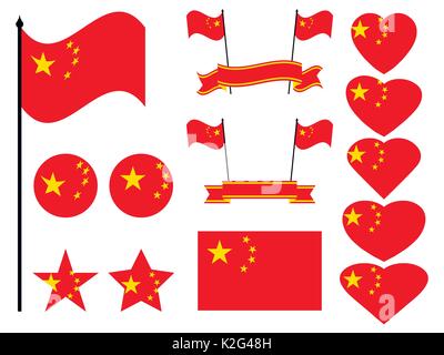 China flag set. Collection of symbols, flag in heart. Button and star. Vector illustration Stock Vector