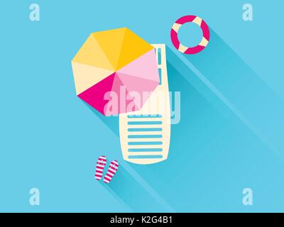 Beach flat icons with long shadow. Chaise lounge with umbrella. Lifebuoy. Vector illustration Stock Vector