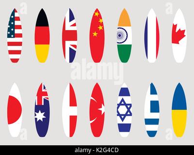 Surfboards with flags of the world. Set. Vector illustration Stock Vector