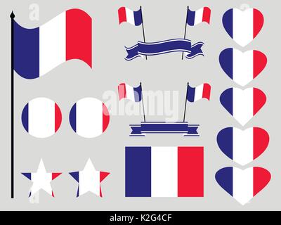 France flag set. Collection of symbols, flag in heart. Vector illustration Stock Vector