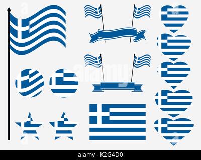 Greece flag set. Collection of symbols, flag in heart. Button and star. Vector illustration Stock Vector