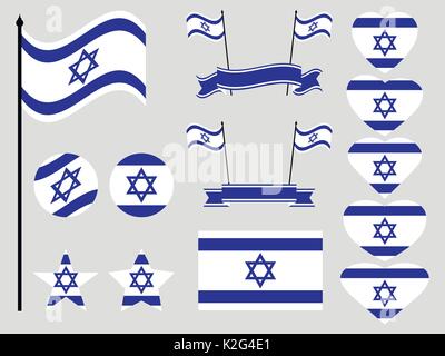 Israel flag set. Collection of symbols, flag in heart. Vector illustration Stock Vector
