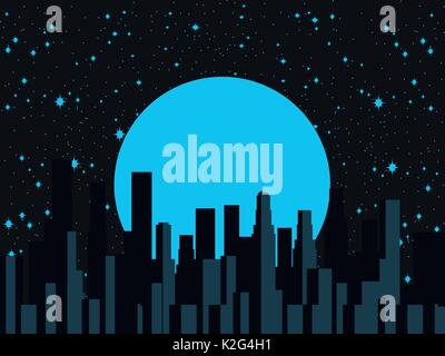 Night city, moon and stars. Panorama of the city, skyscrapers. Vector illustration Stock Vector