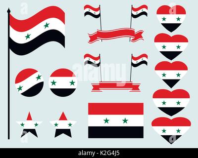 Syrian flag set. Collection of symbols, flag in heart. Button and star. Vector illustration Stock Vector